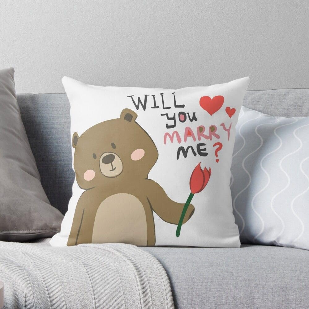 CRAFT MANIACS Cute Bear Cartoon Pun 16 * 16 Pillow with Filler Inside Best Gift for Kids & Adults Who Loves Bears (WILL You MARRY ME ?)