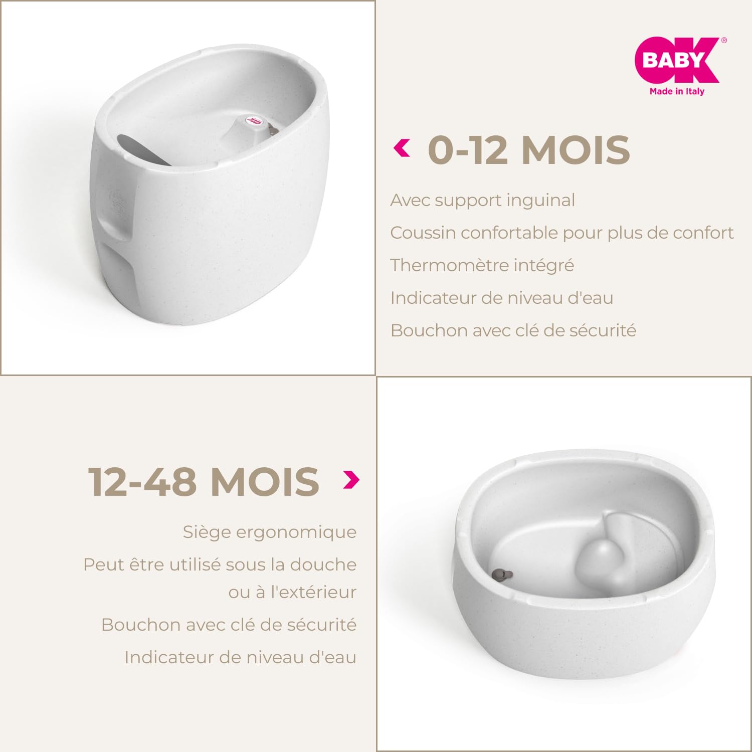 OKBABY Unica - Bañera 0-4 Años con Doble Uso, Termómetro Incorporado y Soporte Ergonómico - Bañera y Minipiscina para Niños - Granito