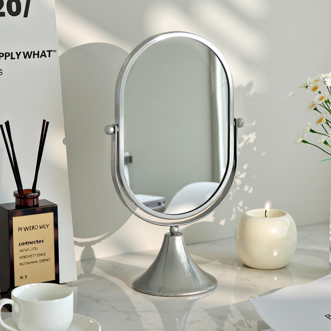 Hosoncovy Desktop Mirror with Stand Metal Frame Vanity Makeup Tabletop Mirror Oval Free Standing for Bathroom Bedroom (Silver)