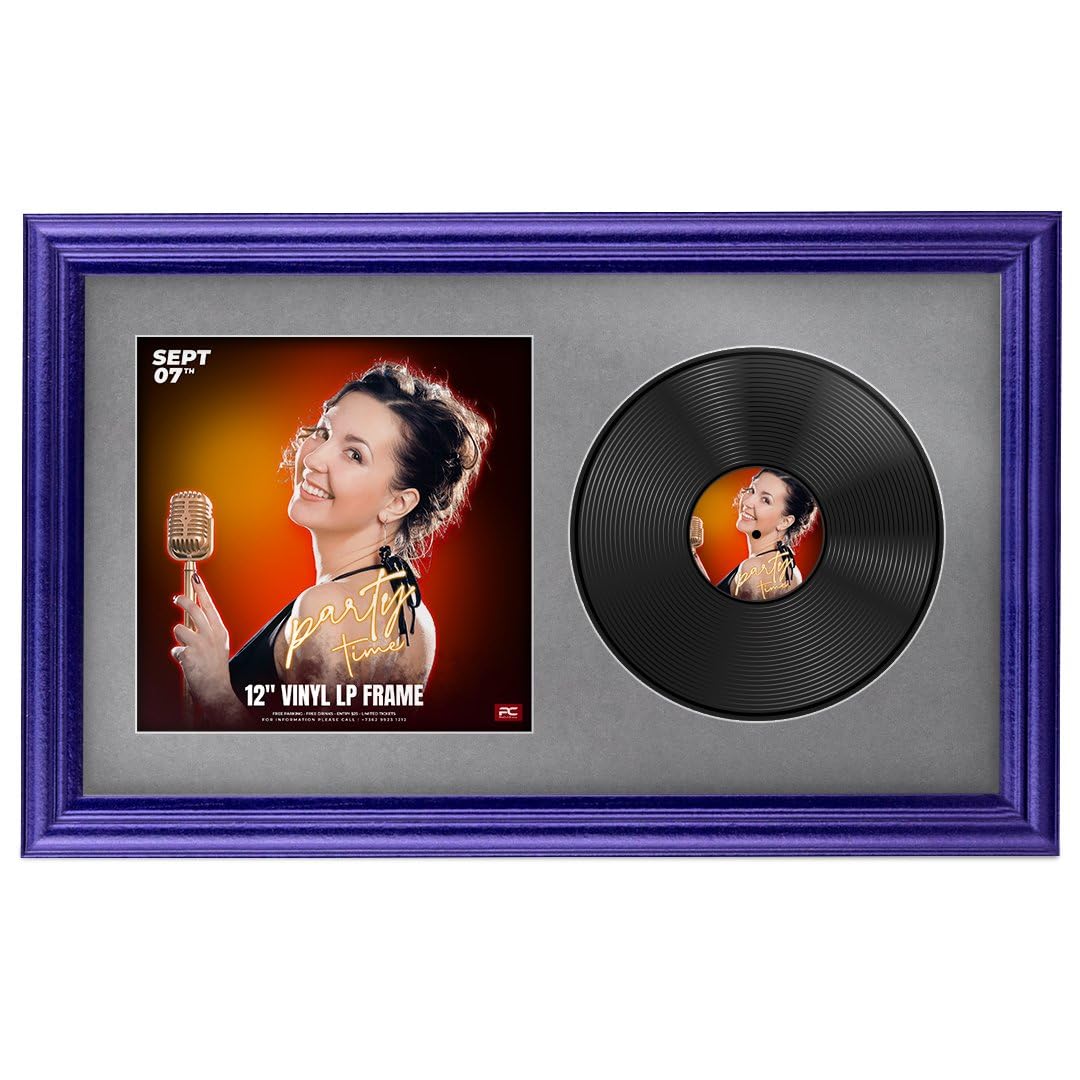 Procut Global 30x17" Purple Vinyl Record Frame for 12 Inch LP Cover & Disc - Premium Display Classic Photo Frame - Engineered Wood with Shatterproof Perspex - Music Lover Gift - Mid Grey Mount