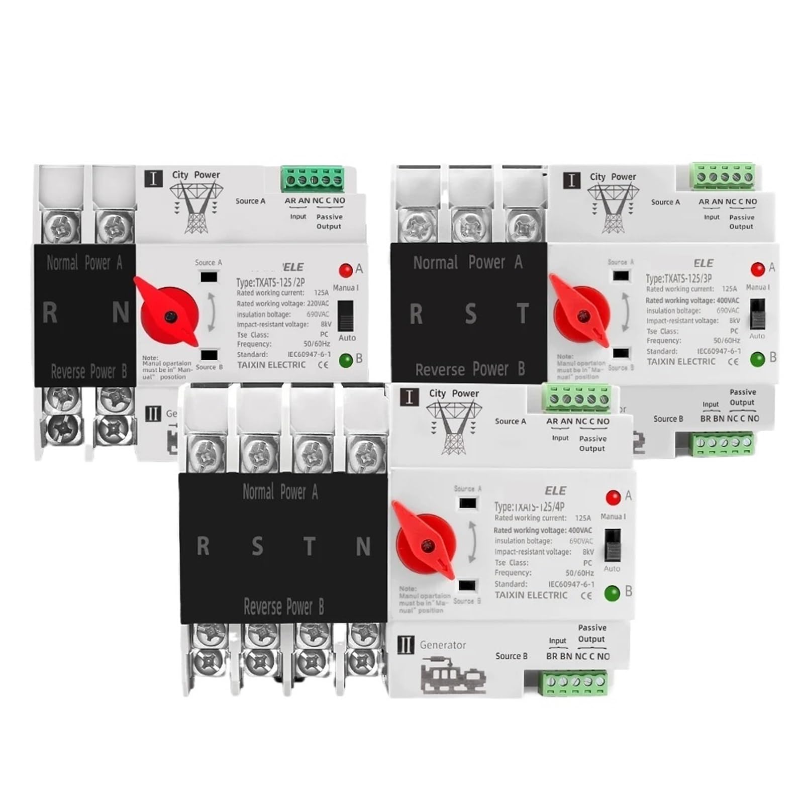 Commutateur de transfert automatique ATS 4P 125A pour rail DIN