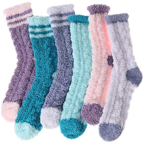 Womens Fuzzy Socks Fleece Fluffy Cabin Plush Warm Sleep Soft Cozy Winter Adult Stocking Stuffers Christmas Slipper Socks 6 Pairs? Mix Stripe Weave A?