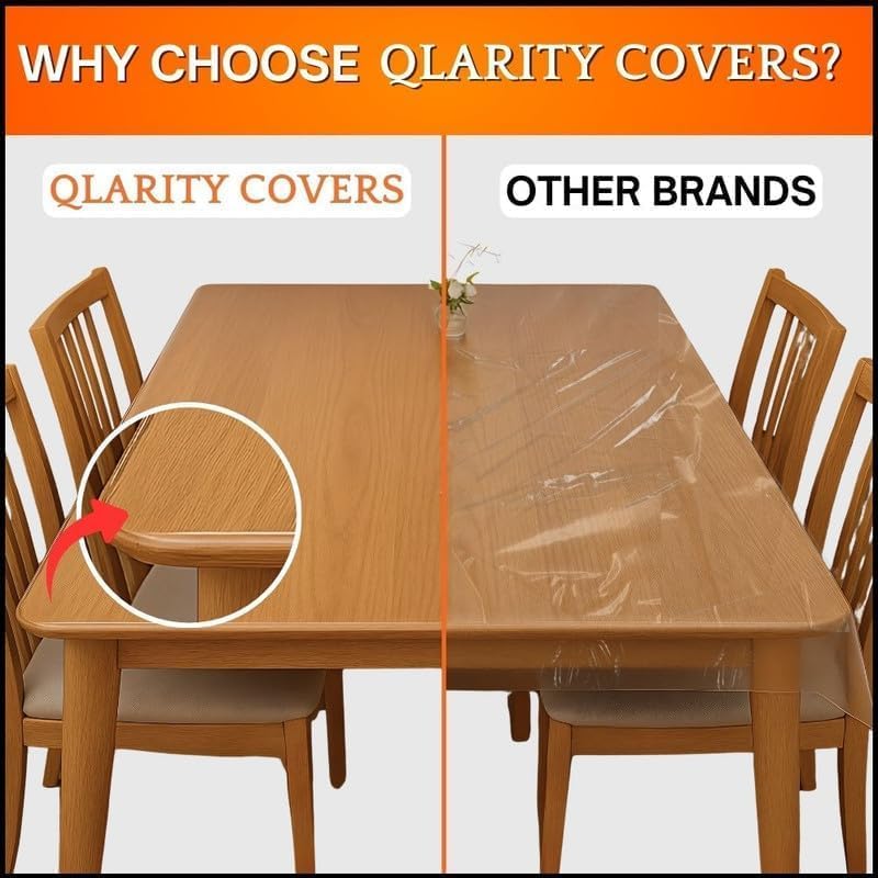 Image of Qlarity Covers 1.5mm Super Shield Dining Table Sheet, 49x33 Inch, Clear | Thick clear table cover made from premium transparent thick cover provides long-lasting protection from spills and scratches