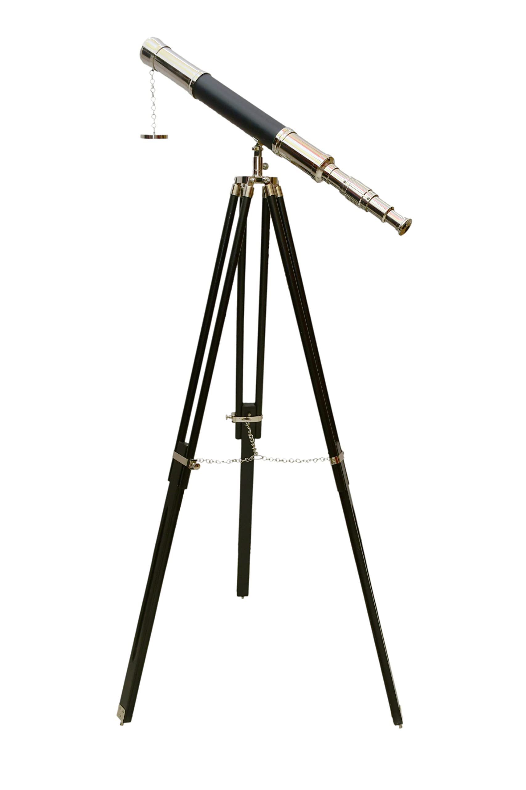 Antique Vintage Shiny Nickel Chrome Finish Telescope Nautical Leather Gifts Sail Boat with Black Wooden Standing Tripod Telescope