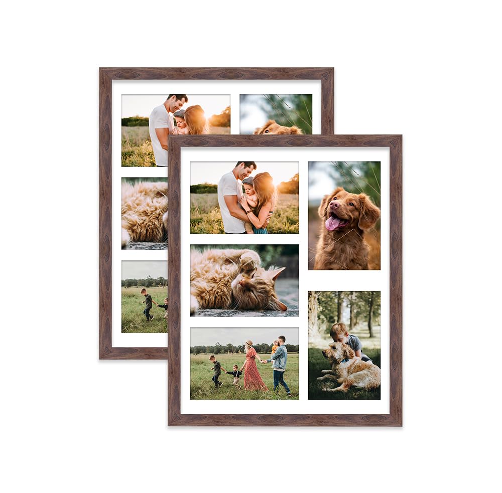 Walnut Multi Photo Frame - Holds 5 x 6x4 Pictures, Family Collage Picture Frame for Wall Display, 14x11 Frame size, Set of 2