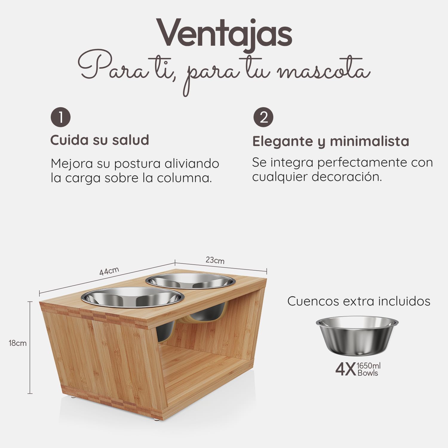 Comedero para Mascotas - Soporte Elevado de Bambu para Perros Medianos y Grandes - Alimentador de Madera - 4 Tazones de Acero Inoxidable: 4X 1650 ml – 44x 23 x 18 - Mediano
