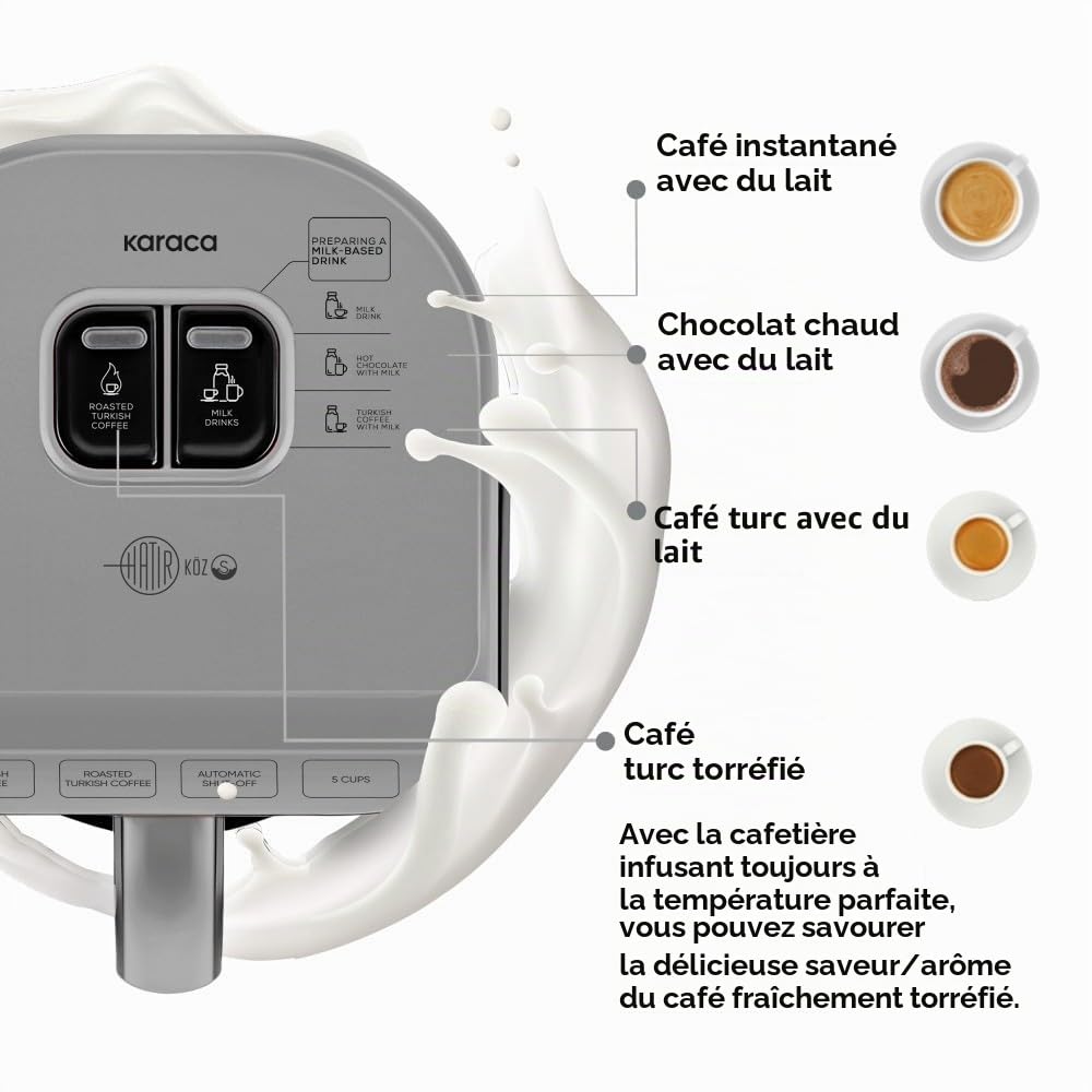 KARACA Hatır Köz Machine à café turque laiteuse, cafetière turque traditionnelle, 5 tasses, infusion de style ember, modes lait et chocolat chaud, anti-débordement, arrêt automatique, gris galaxie