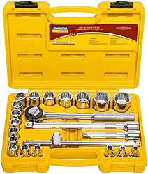 Tramontina 43600022, Maleta Soquetes Estriados e Acessórios Encaixe 1/2, 22 Peças, Amarelo