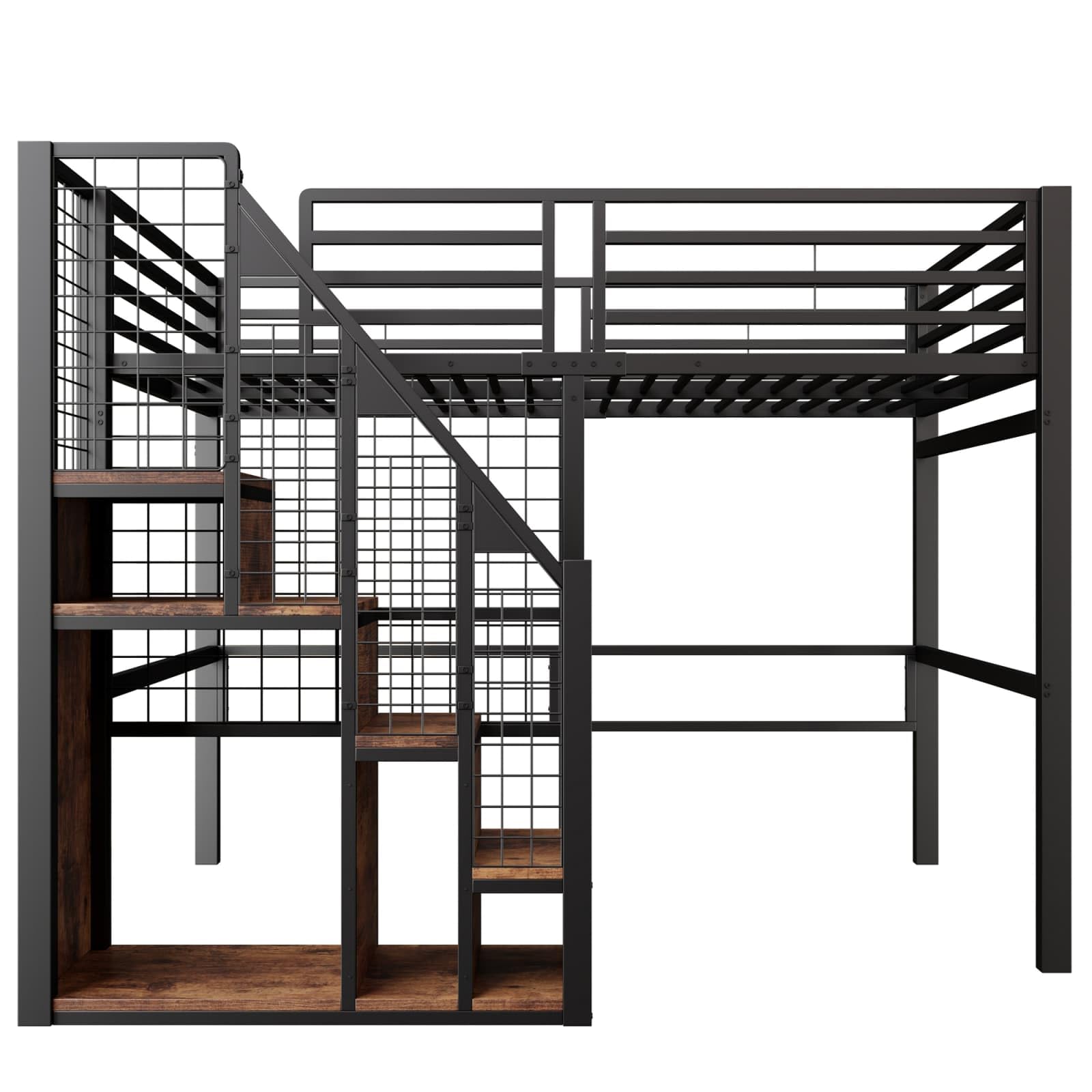 PUGSDRLY Lit Mezzanine Enfant 140x200cm,Lit Mezzanine 2 Places avec échelle de Rangement et Plaque à Mailles en Métal,Design de Clôture Haute,pour Enfant Adolescent (Noir-140)