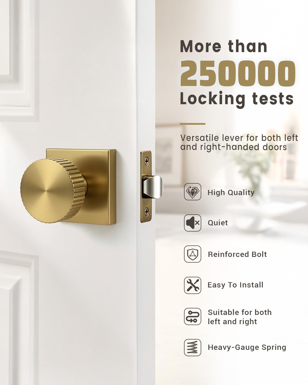Satin Brass Door Knobs - Keyless Passage Handles -4
