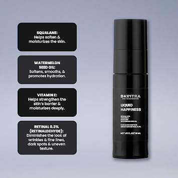 Liquid Happiness Anti-Aging Serum with 0.3% Retinaldehyde for Face and Eyes - Fast Absorbing Retinal Discoloration Corrector Serum with Squalane - Increases Firmness