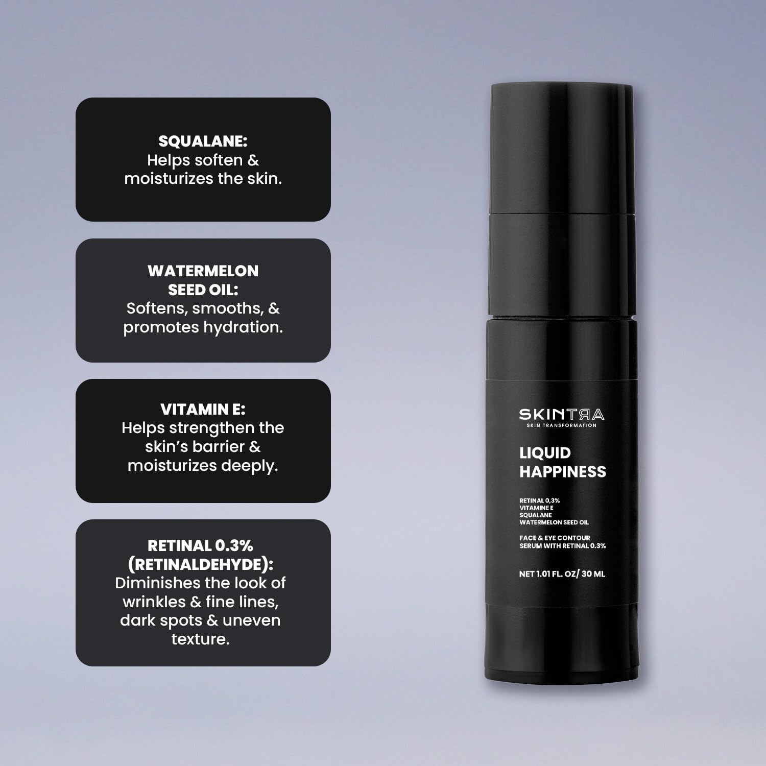 Liquid Happiness Anti Aging 0.3% Retinaldehyde Serum for Face & Eyes - Retinal Discoloration Correcting Serum with Fast Absorbing Squalane - Boosts Firmness - Vegan, 30 ml/Net 1.01 Fl. Oz