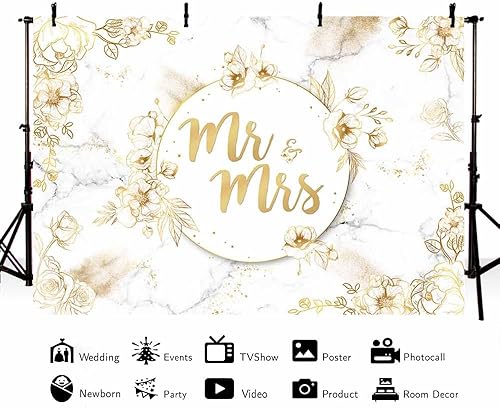 Miniatura 2 de MEHOFOND Telón de fondo abstracto de señor y señora de 8 x 6 pies, arte floral de mármol dorado con líneas de purpurina, textura de fondo para