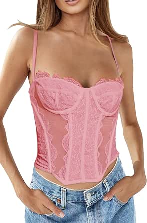 Drrita Womens Lace Mesh Sexy Corset Top Going Out Spaghetti Strap Bustier Fashion Vintage Night Out Cami Crop Tops