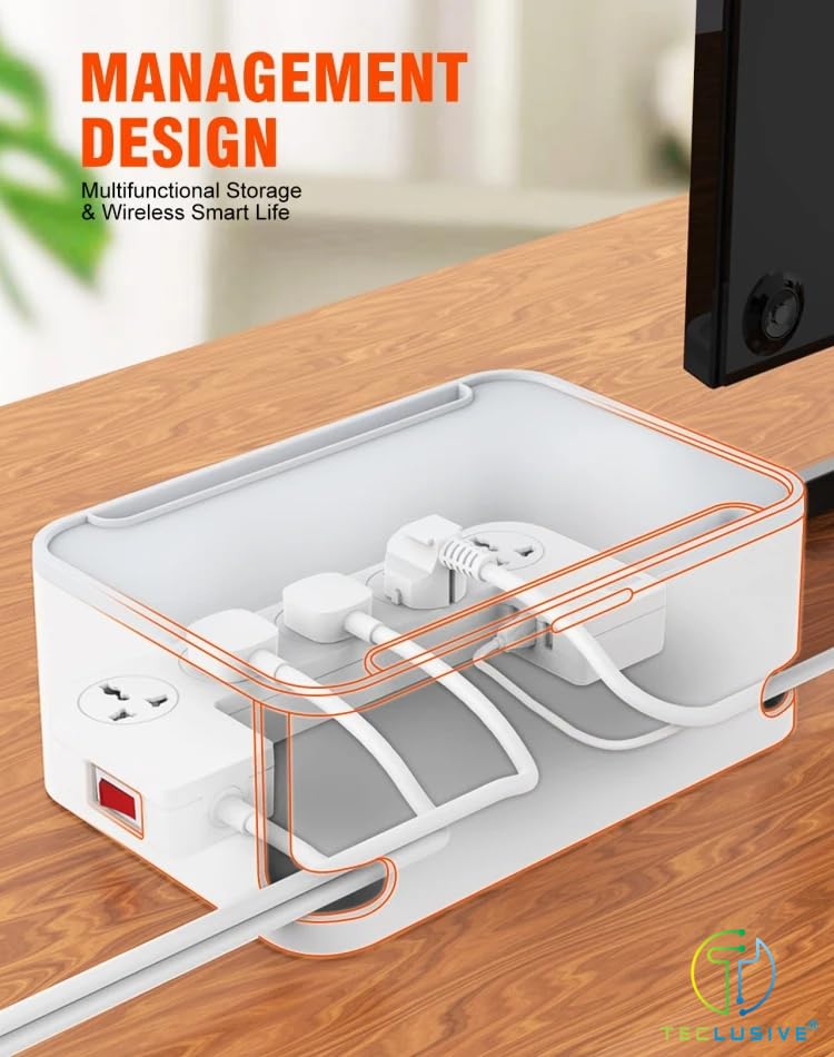 Image of T Teclusive 2500W Power Strip Extension Box with 30W Type C USB Ports / 15W Wireless Charging | 5 Sockets with PD QC Fast Charging | Multi Port Power Socket Extension Cord Organizer - USB 30W Max.