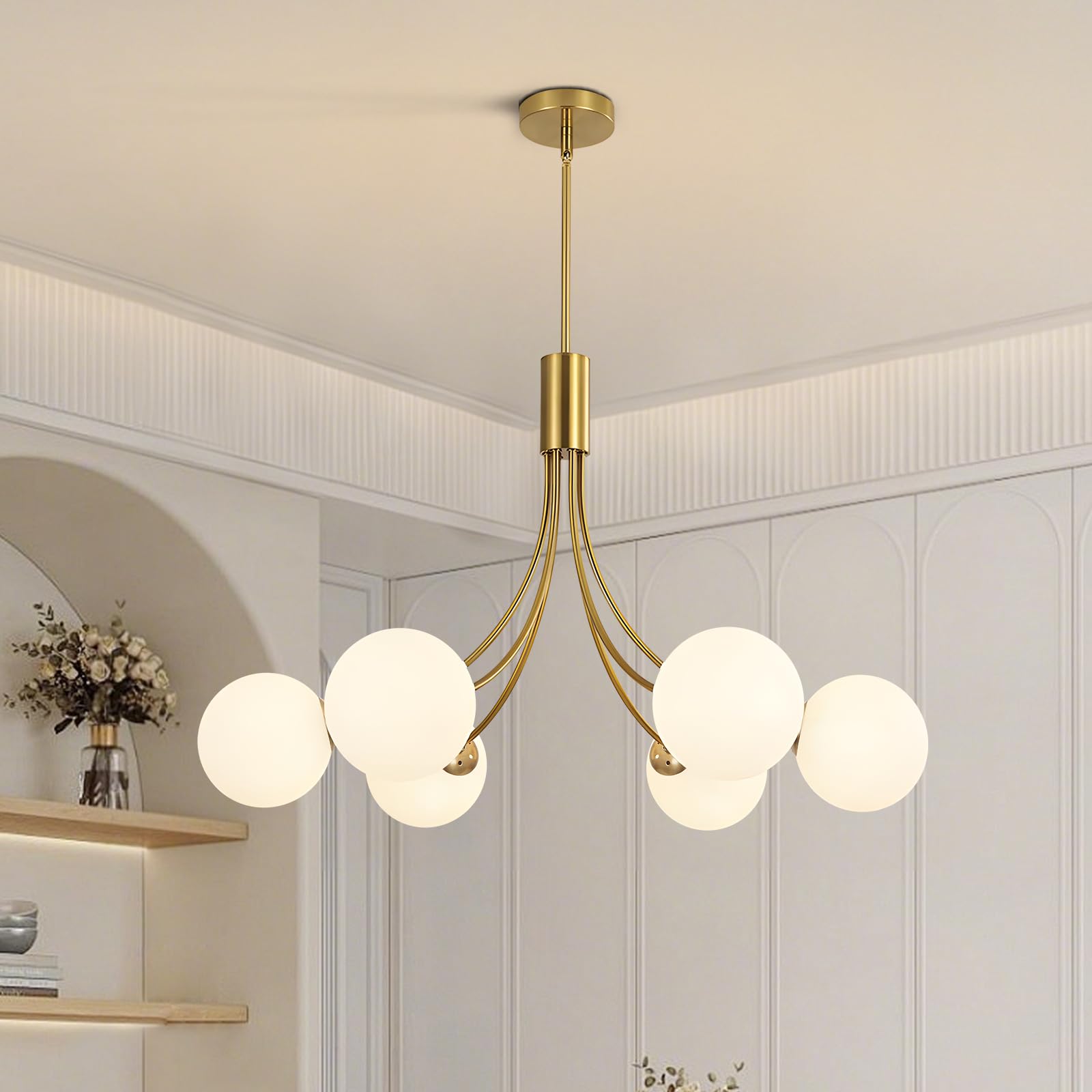 KCO Lighting Lampadario Sputnik Moderno 6 luci,Lampadario Oro Con Sfere Bianche per Sala da Pranzo, Isola Cucina, Soggiorno,Camera da Letto