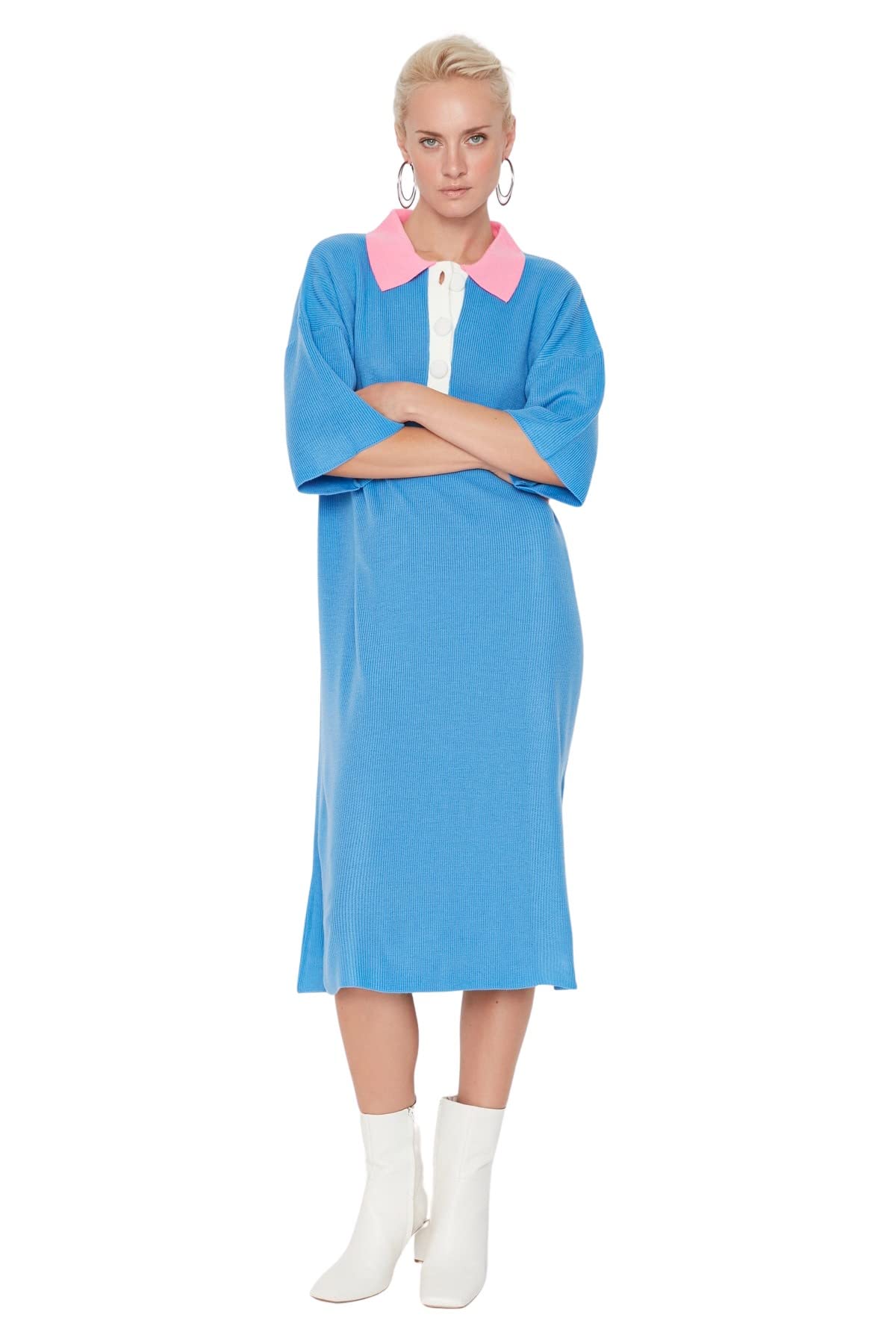TRENDYOL Damen Square Collar Slit Knitwear Dress Kleid, Blau, S EU