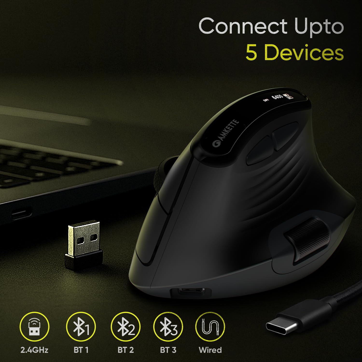 Amkette XS Natural Plus Programmable Vertical Wireless Mouse/Bluetooth Mouse, OLED Display Side Scroll, 6400DPI, 2.4G+3×BT+Wired, 7 Button, Rechargeable, Supports Web Software, 1000Hz, Black — Amazon image 6