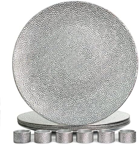 Rickion Charger Plates and Napkin Rings, Set of 6, Silver Chargers for Dinner Plates – Unique, Elegant, Bubble Plate Chargers & Matching Napkin Rings – Thick, Reusable PP Plastic