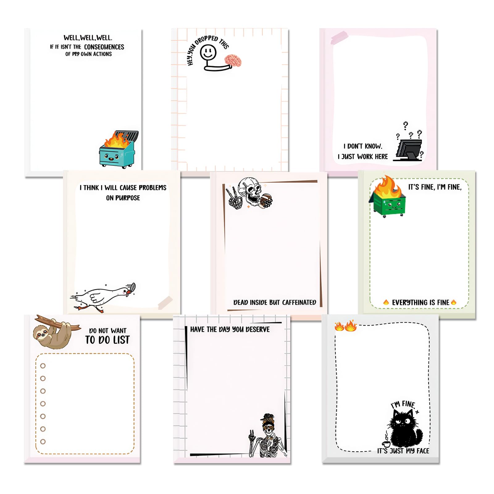 Funny Sticky Notes for Work Set (3x4 inches) - 9 Pack Dumpster Fire Everything is Fine Memo Pads Funny Sarcastic Self-Adhesive Notepads Office School Supplies Bulk Gifts for Coworkers, 450 Sheets