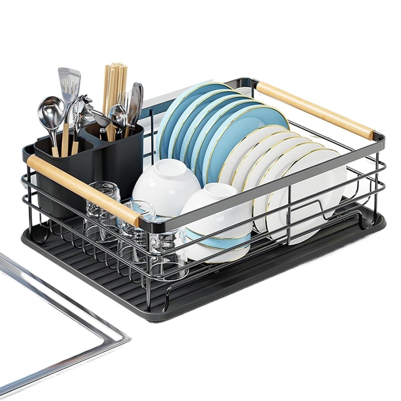 AVkgwrtb Dish Drying Rack, Dish Drainer Rack with Removable Drip Tray and Cutlery Holder, Multicolor(Black)