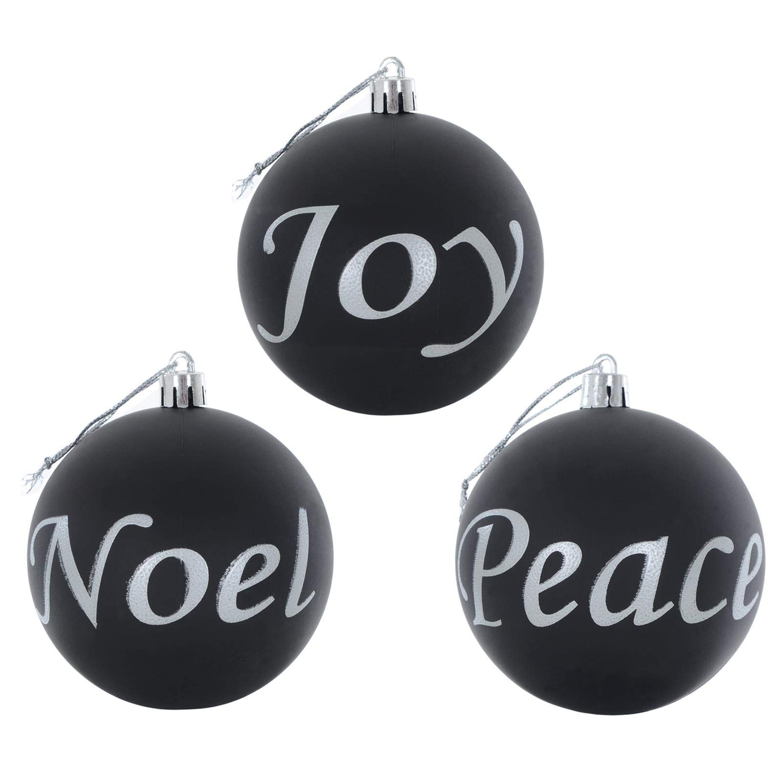 Mr Crimbo Pack of 6 Peace Joy Noel Christmas Tree Baubles 8cm - Black/Silver