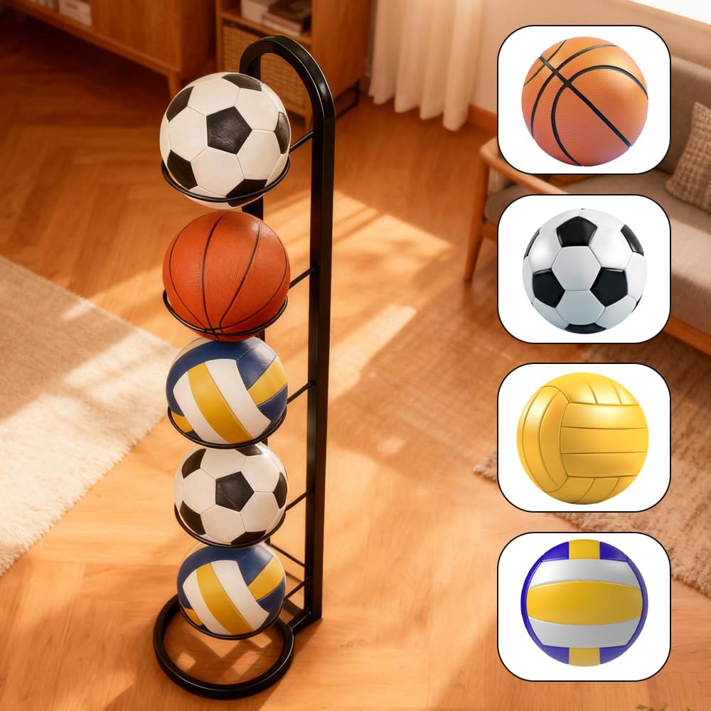 Rangement Ballon 5 Niveaux, Porte Ballon sur Pieds Métal 115.5 × 23.5 cm, Noir