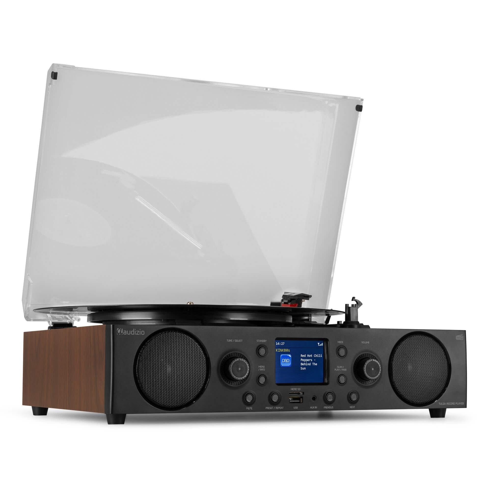 Audizio Tulsa - Sistema estéreo con Tocadiscos Bluetooth 5.0, sintonizador FM, Radio Dab, función de grabación, Tocadiscos con Altavoces, giradiscos, USB, SD, AUX, RCA, Modo Alarma, diseño de Madera