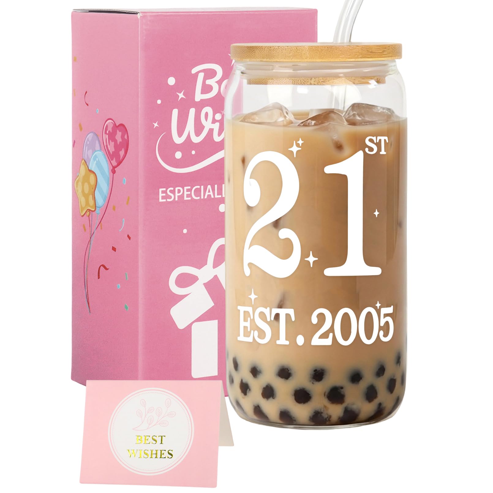 Nwvuop 21st Birthday Gifts 16oz 21st Birthday Glass Cup with Lid & Straw, 21st Birthday Gift Set for Girls