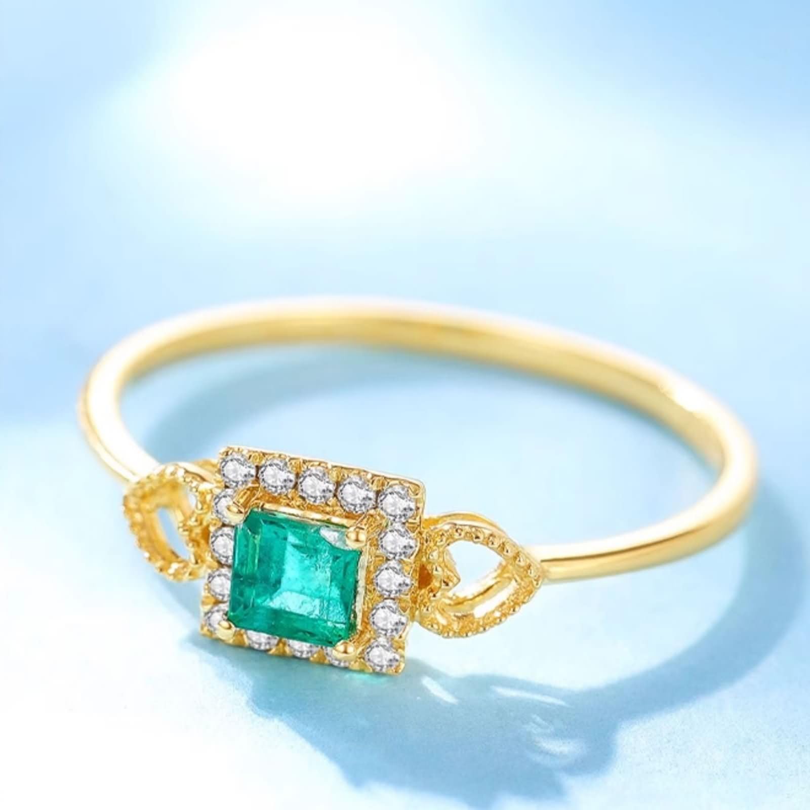 Anillo Compromiso Oro de 9 Kilates / 14 Kilates / 18 Kilates para Mujer, Corazón Hueco y Cuadrado con Esmeralda y Diamante, Anillos de Oro Verde Alianzas Mujer
