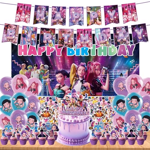 105PCS Kpop Birthday Decorations Set with Backdrop Happy Birthday Banner 18 Balloons Cake Topper 24 Cupcake Toppers 60 Stickers Kpop Party Decorations for Birthday