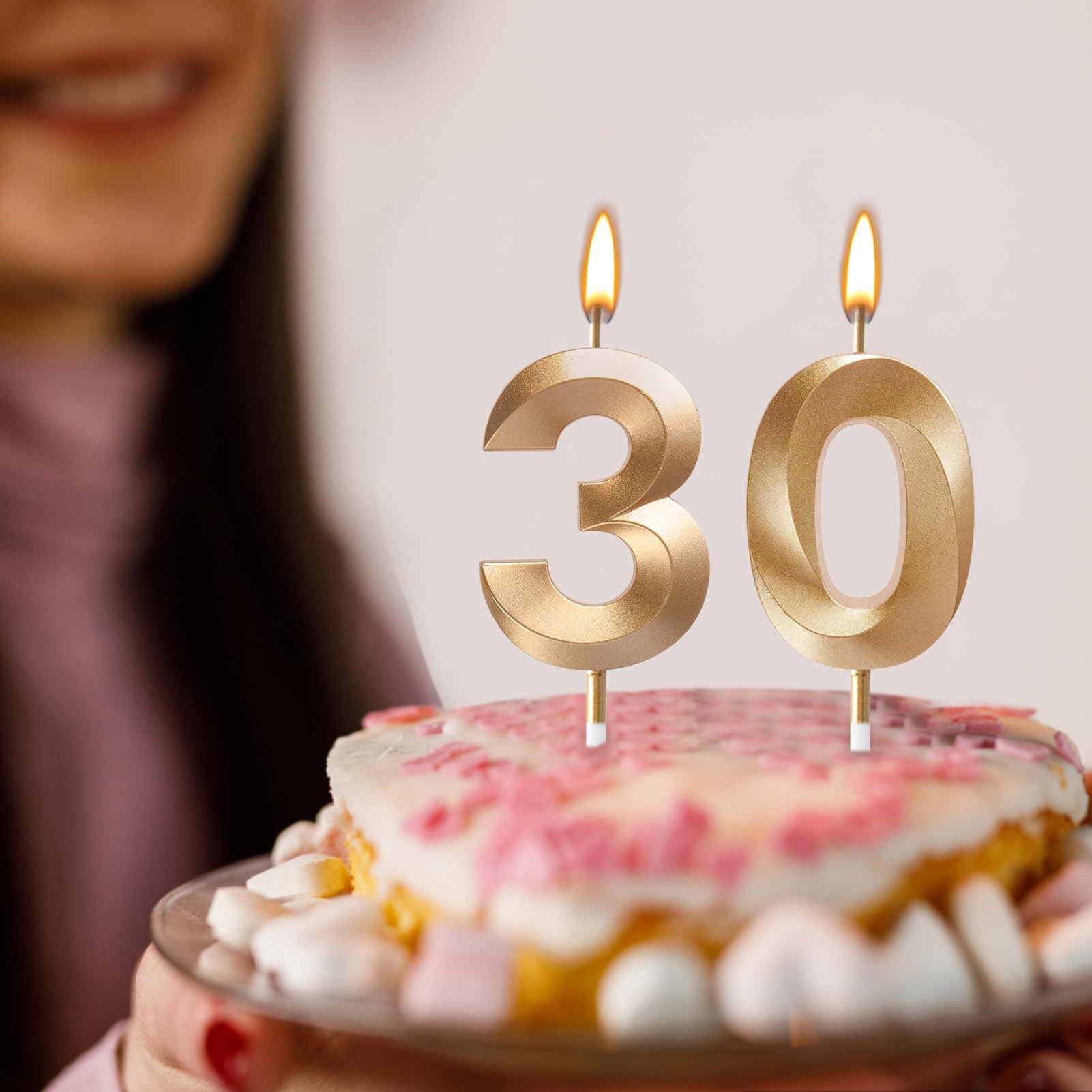 Set Decorazione Torta 30° Compleanno - Candele Numeriche Glitter Oro + Topper Con Cuori E Stelle - 4