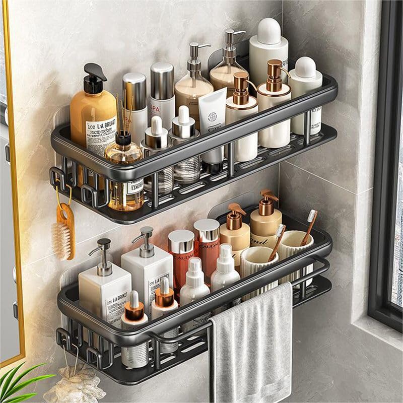 Eyecatch Bathroom organizer Bathroom Shelf Black Bathroom Shelves Shover Rack No Drilling Wall Mounted Shawer Organizer Rustproof Basket for Bathroom Toilet Kitchen