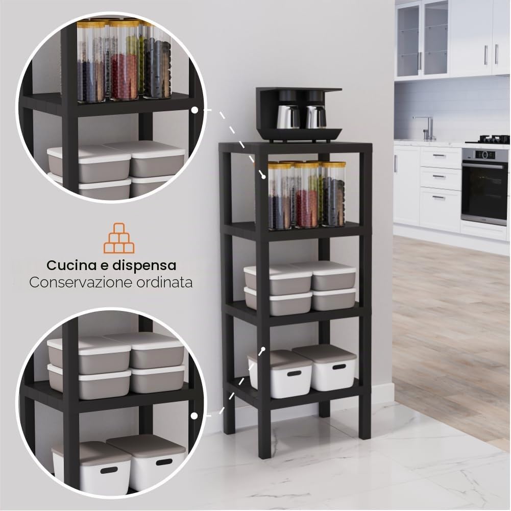 sugodesign Ombeg Scaffale a 4 ripiani, bianco/grigio/nero, in plastica, rettangolare, autoportante, moderno, multiuso, per bagno, cucina, soggiorno (nero)