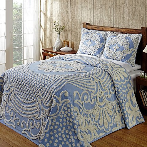 BT Chenille Bedspread Blue Queen, Tufted Cotton Embroidery, Sophisticated Old Fashion Charm, Vintage Medallion Bedding Surround Scroll Design, Bottom Bell Corners, Antique Chic Bedspread Only