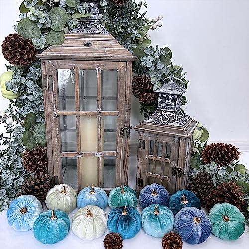 Image of Winlyn 12 Pcs Assorted Small Faux Velvet Pumpkins Decorative Teal Blue Green Turquoise Fabric Foam Pumpkins 3 inch for Farmhouse Fall Wedding Halloween Thanksgiving Table Centerpiece Mantel Decor