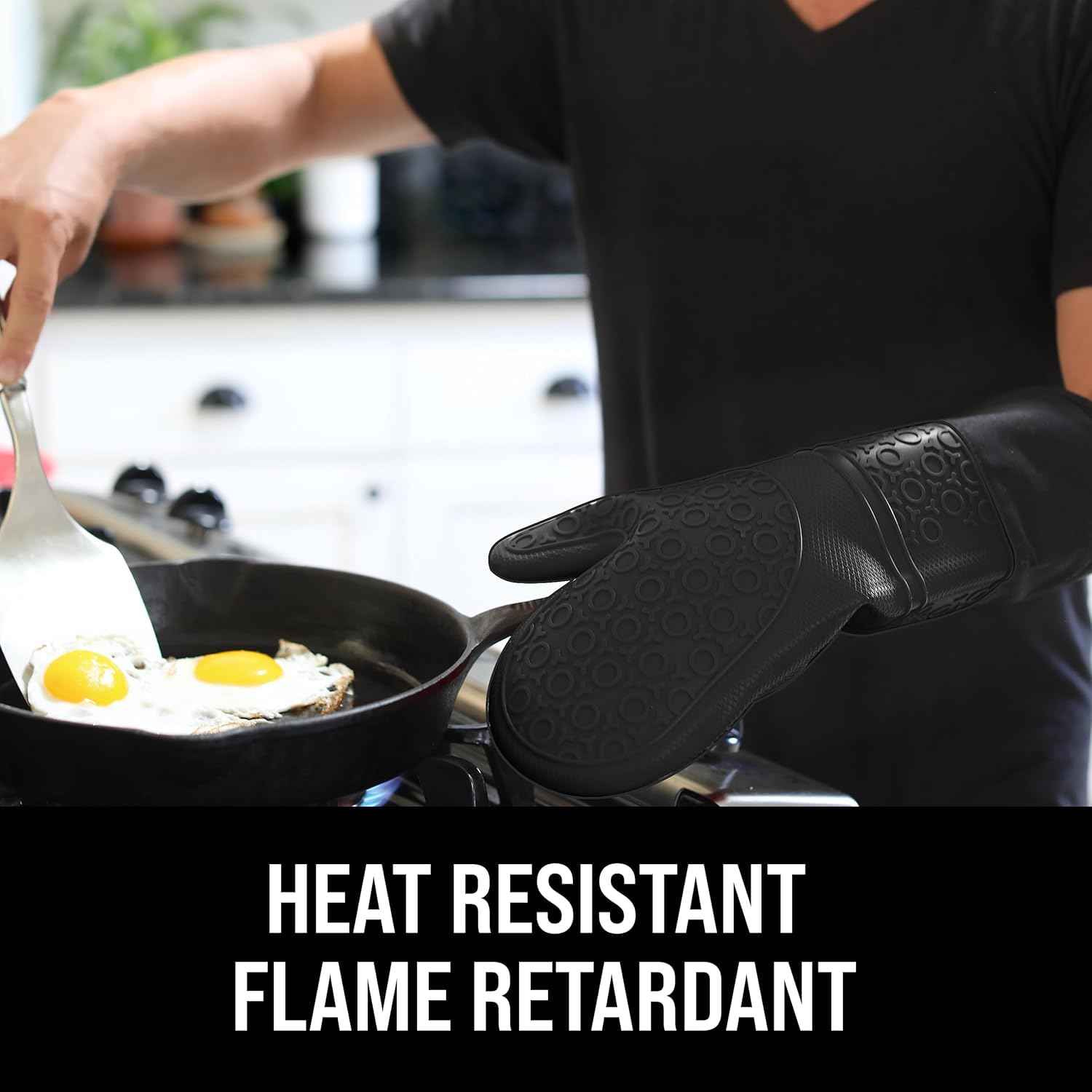 Guanto da forno extra lungo professionale in silicone - 1 paio - Guanto da cucina con guaina trapuntata - nero