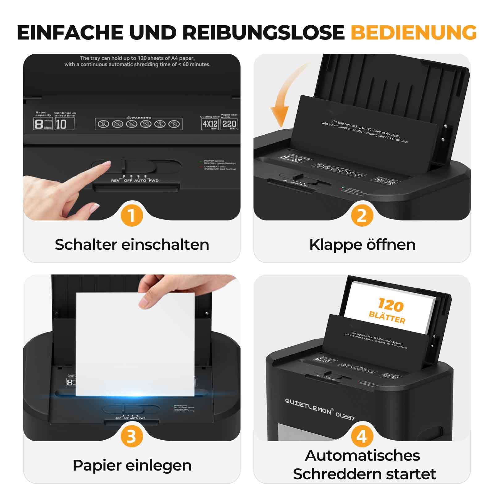 Automatischer 120 Blatt Aktenvernichter P-4 Partikelschnitt Aktenvernichter, 8 Blatt manuell, 60 Min Dauerbetrieb, Anti-Stau, vernichtet Kreditkarten Heftklammern 20L