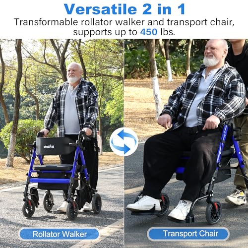 StrollAid Rollator Walker with Seat, Walker Wheelchair Combo, 2 in 1 Rollator Transport Chair with Brakes, Heavy Duty Rolling Walker, Holds up to 450 pounds, 10