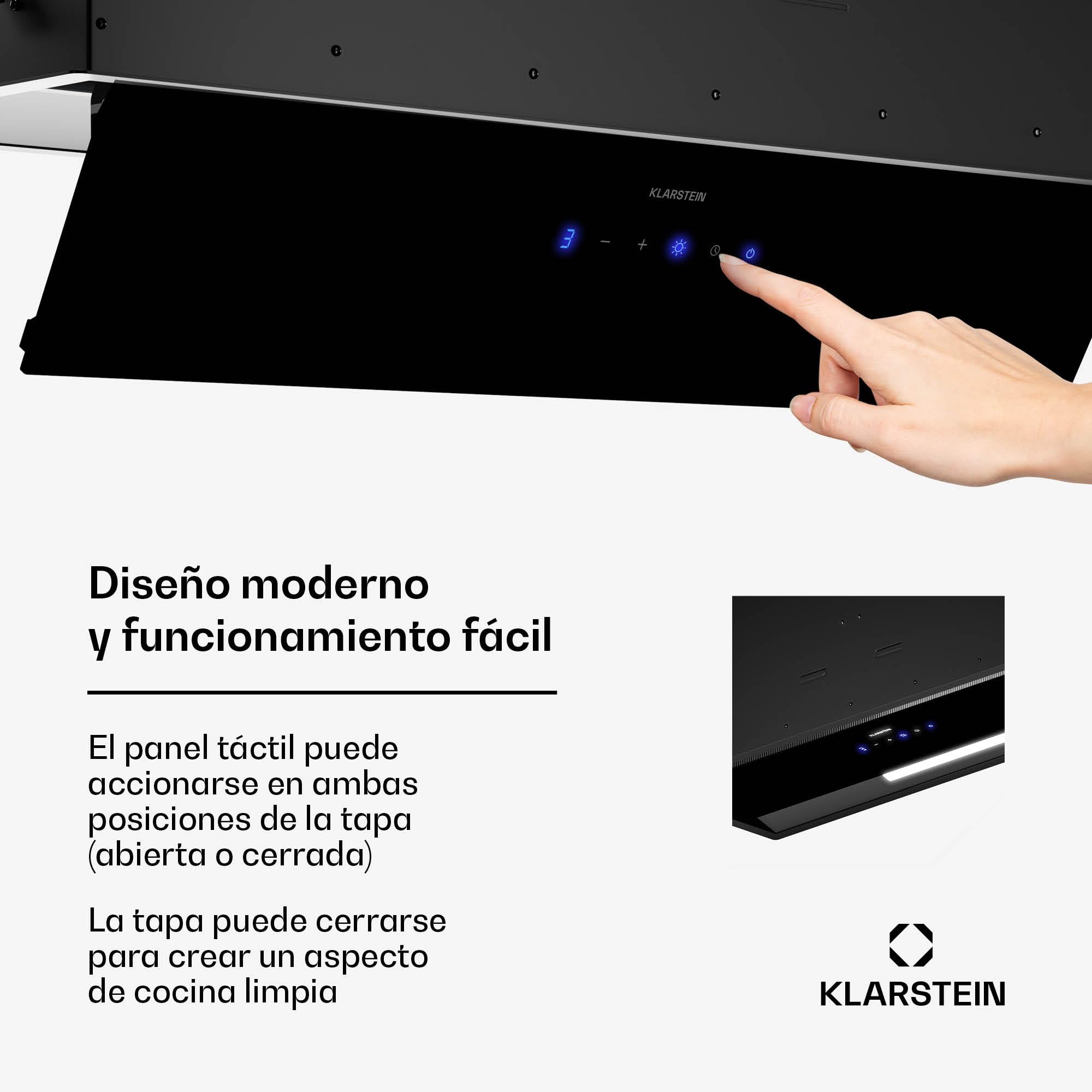 Klarstein Ventimate Campana Integrada, 85cm Campana Extractora con Control Táctil, 390 m³/h, Eficiencia Energética A+, Motor Silencioso, Luz LED, Filtro de Carbón para Recirculación, Negro