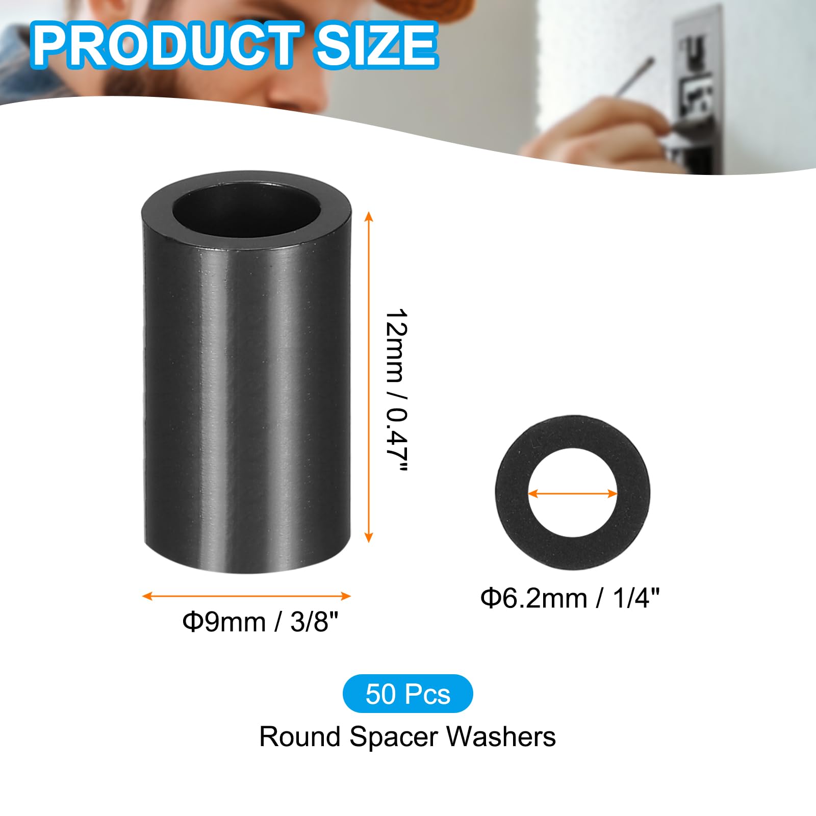 PATIKIL 50Pcs M4 ABS Spacers M6 x 9mm OD x 12mm L Plastic Round Spacer Washers Black Standoff Nut Unthreaded for Screws Bolts Electrical Outlet - Image 2