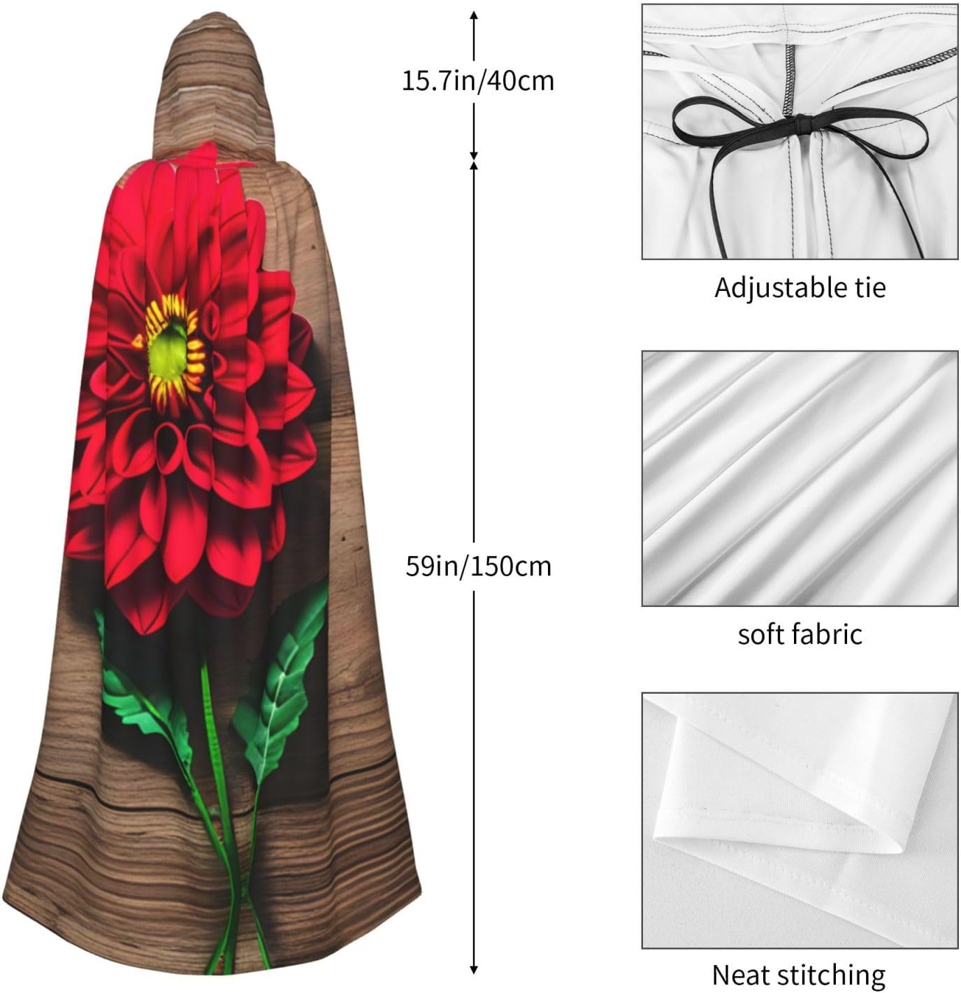 SSIMOO Wooden Board Retro Flower Red Dahlia Eye-Catching Cosplay Costume Cape for Women - Unisex Vampire Cloak for Halloween.