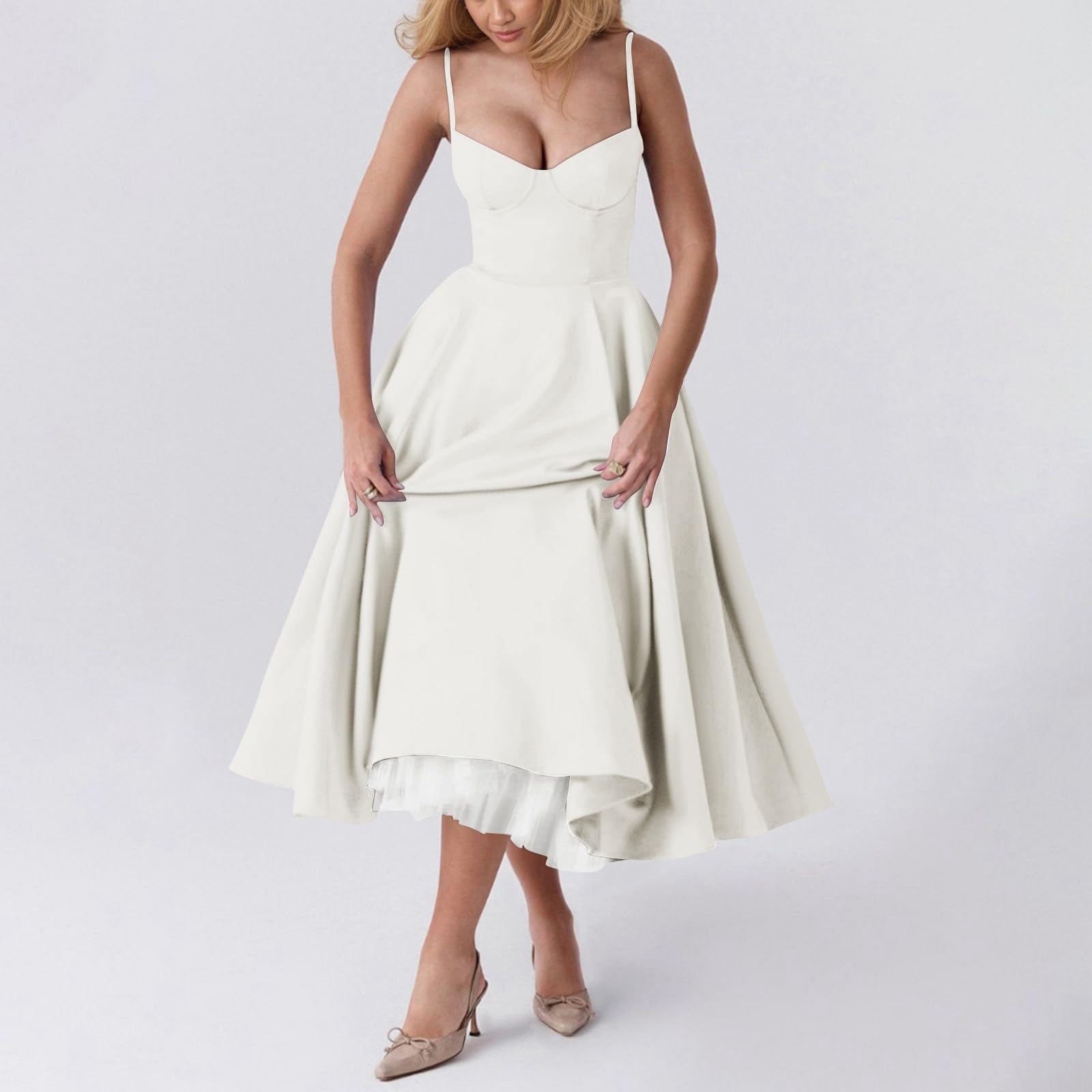 Korsett Kleid Damen Sommer Lang Trägerkleid Damen Midi Elegant A Linie Sommerkleid Blumen Spaghettiträger Sundress Corset Sommerkleider Leicht Und Luftig Midikleid Sommer mit Taschen Kleider