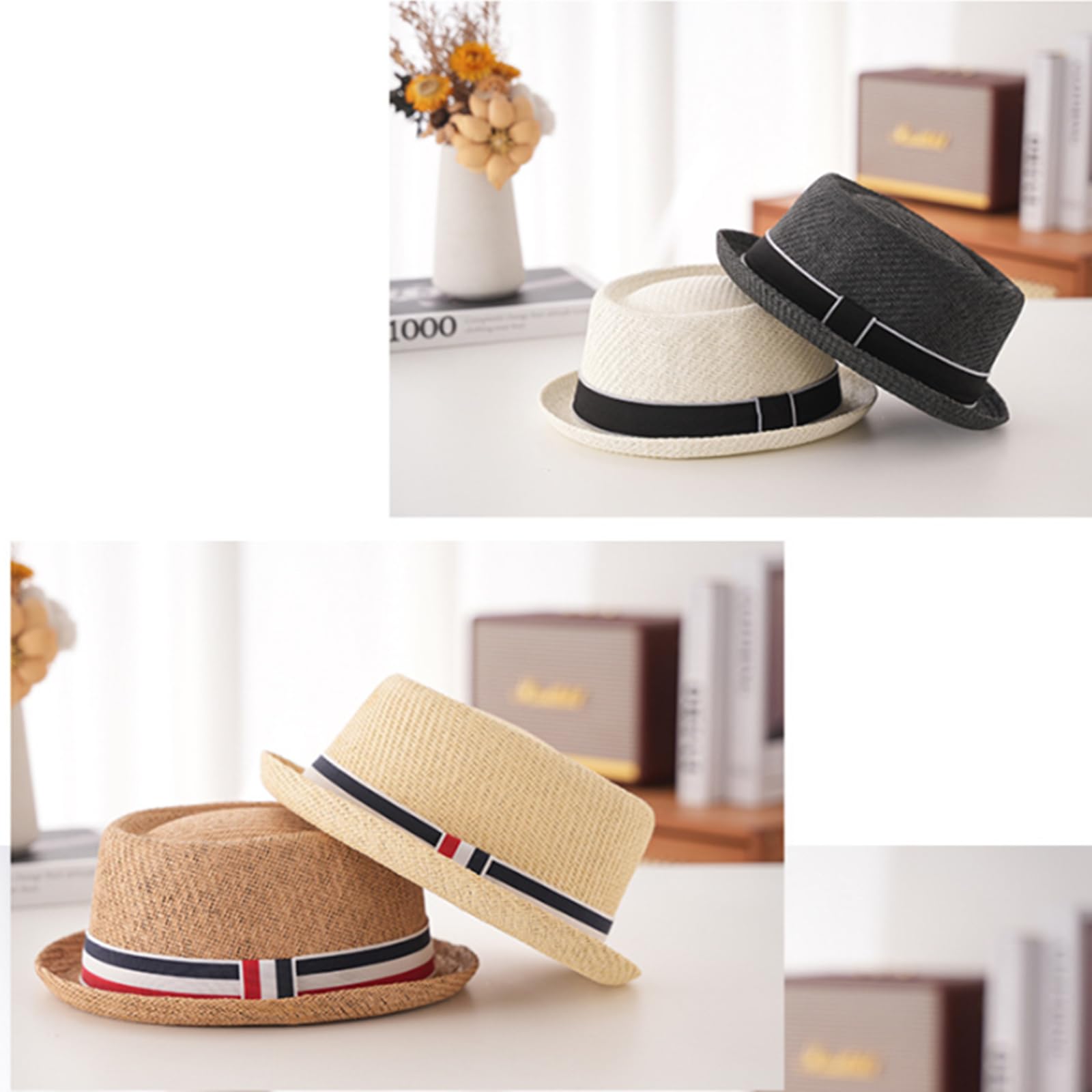 HEYANN Pork Pie kapelusz słomkowy, męski kapelusz pork Pie Fedora 58 cm, letni kapelusz dla mężczyzn i kobiet, Bowler Flat Top ochrona przed słońcem, klasyczny kapelusz