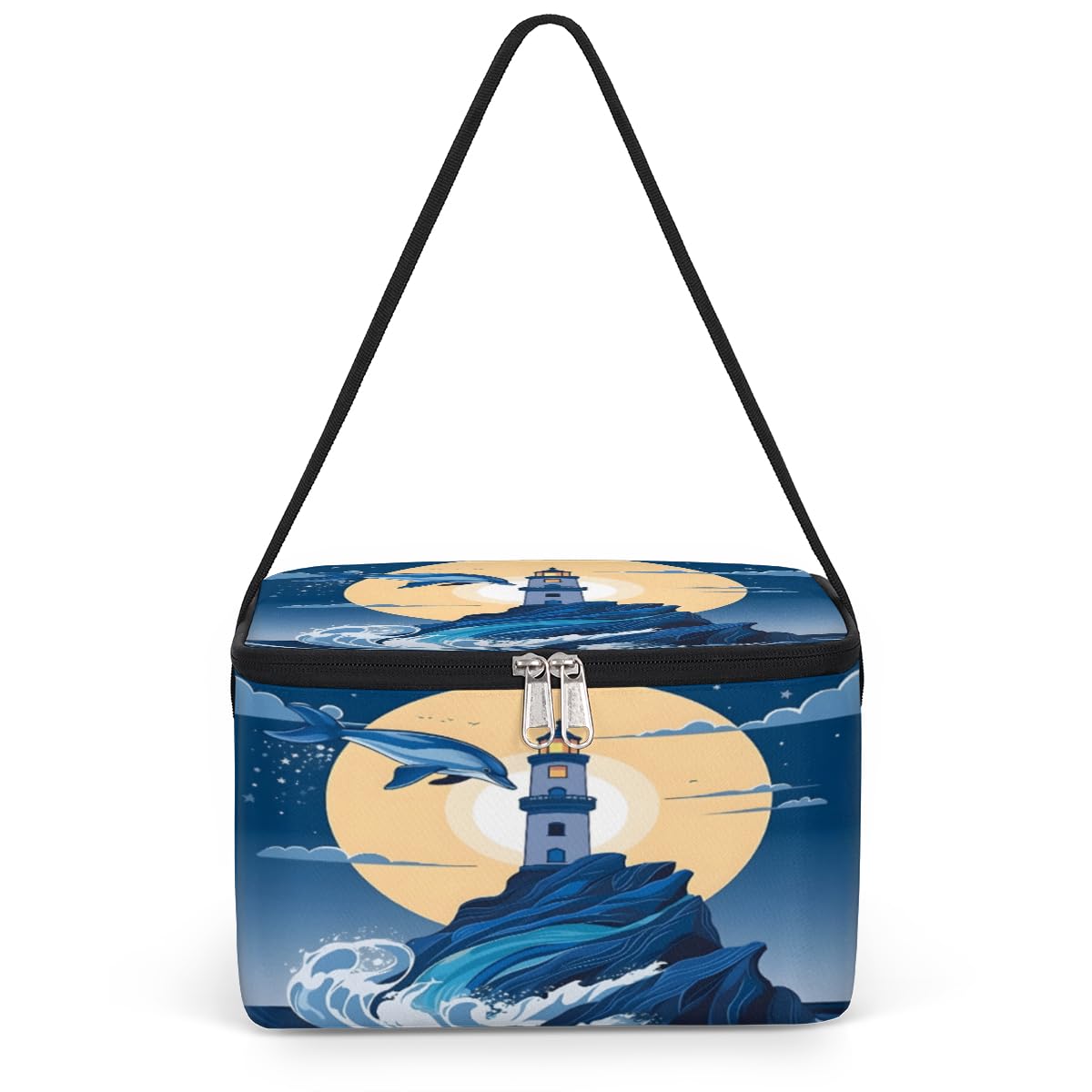 GzLeyigou Lighthouse Lunch Bags for Women Men 9 Cans, Hot & Cold Food Delivery Bag Insulated Grocery Bag Insulated Lunch Box Ocean Dolphin Cooler Bag for Office Work Picnic Beach