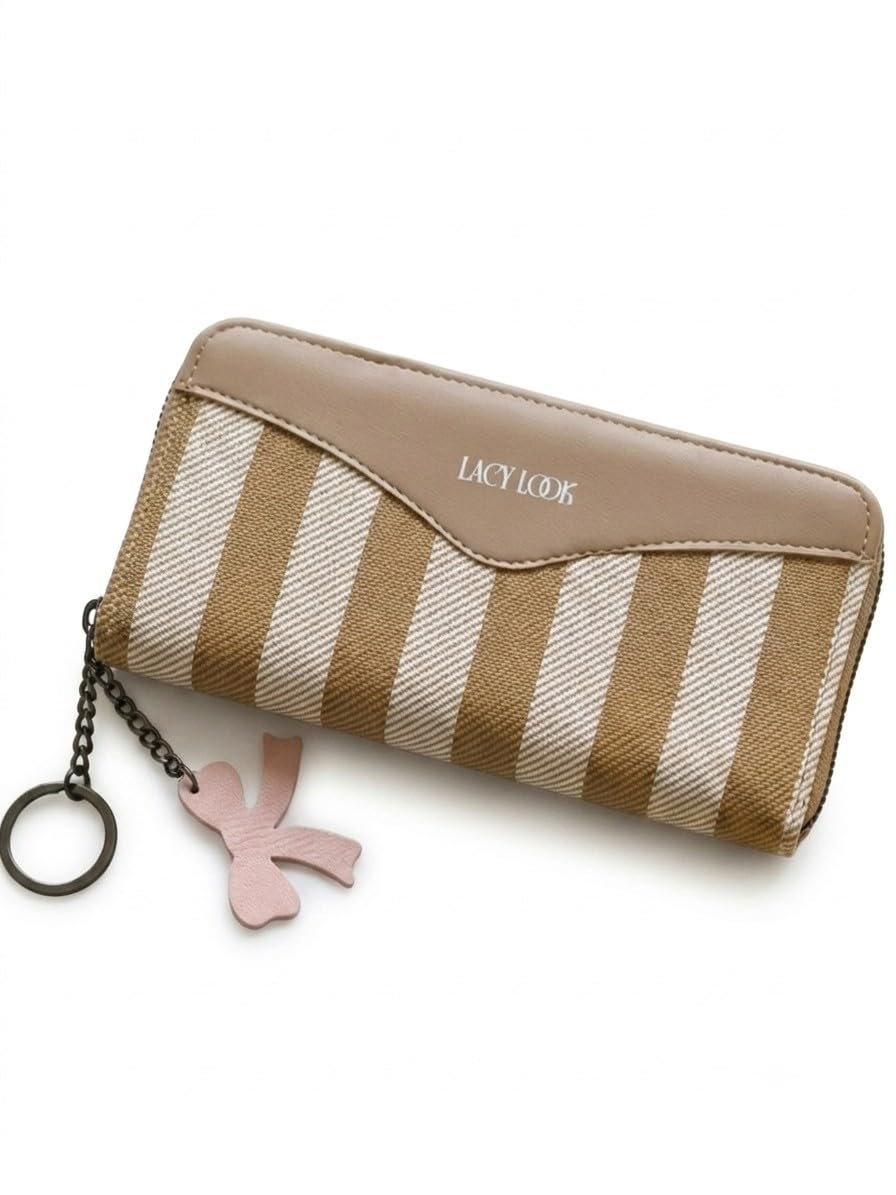 LacyLook Women's Premium Striped Zip Around Wallet | Spacious Multi Card Holder | Long Clutch Purse with Cash Compartments, Hidden Zipper Pocket & Smooth Zip Closure (Brown)-image-24
