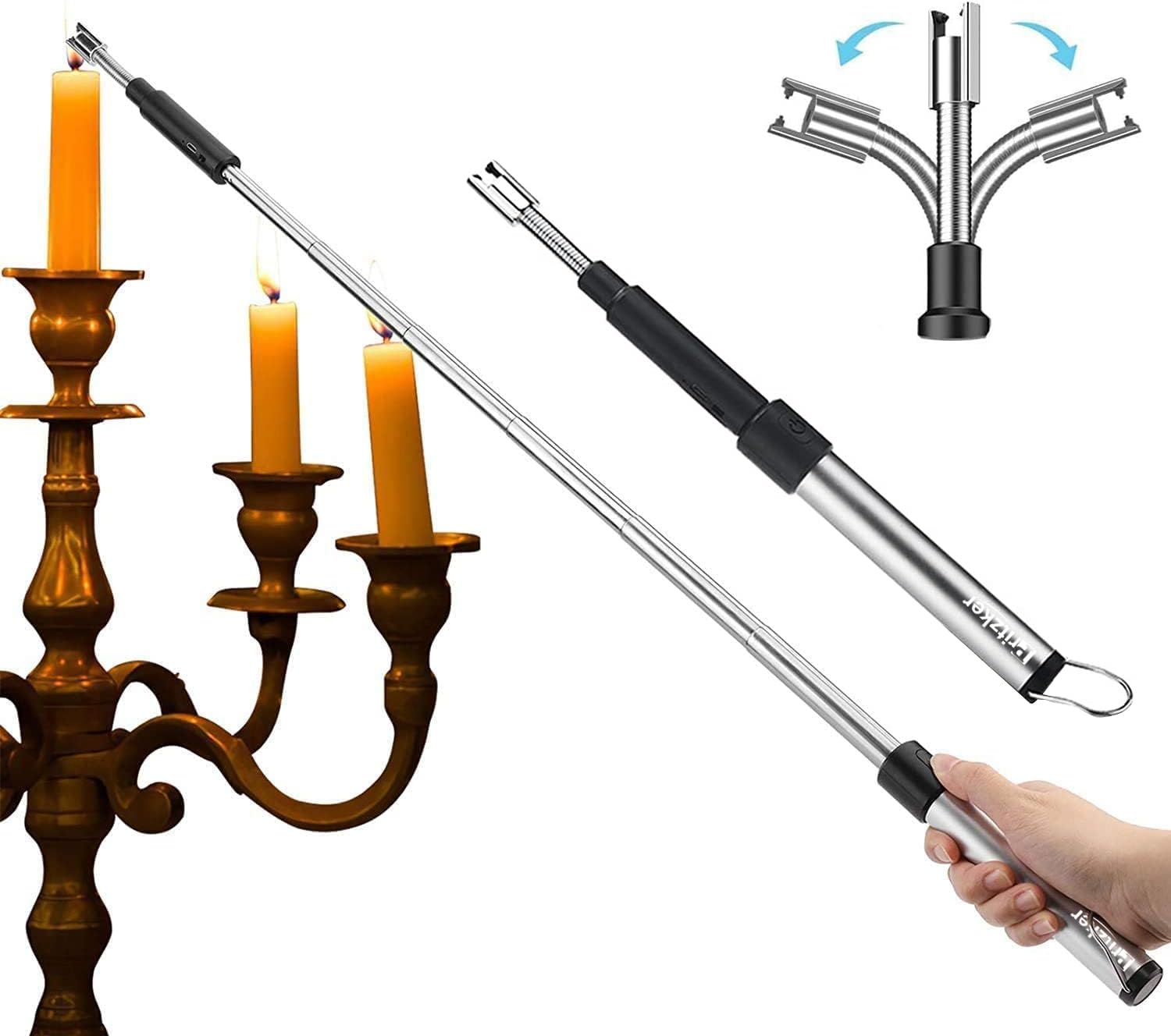 Pritzker Candle Lighter with Hanger Extendable Rechargeable BBQ Electric Arc Lighter Safety Switch, USB Rechargeable Lighter with Flexible Neck for Camping Cooking BBQs Fireworks