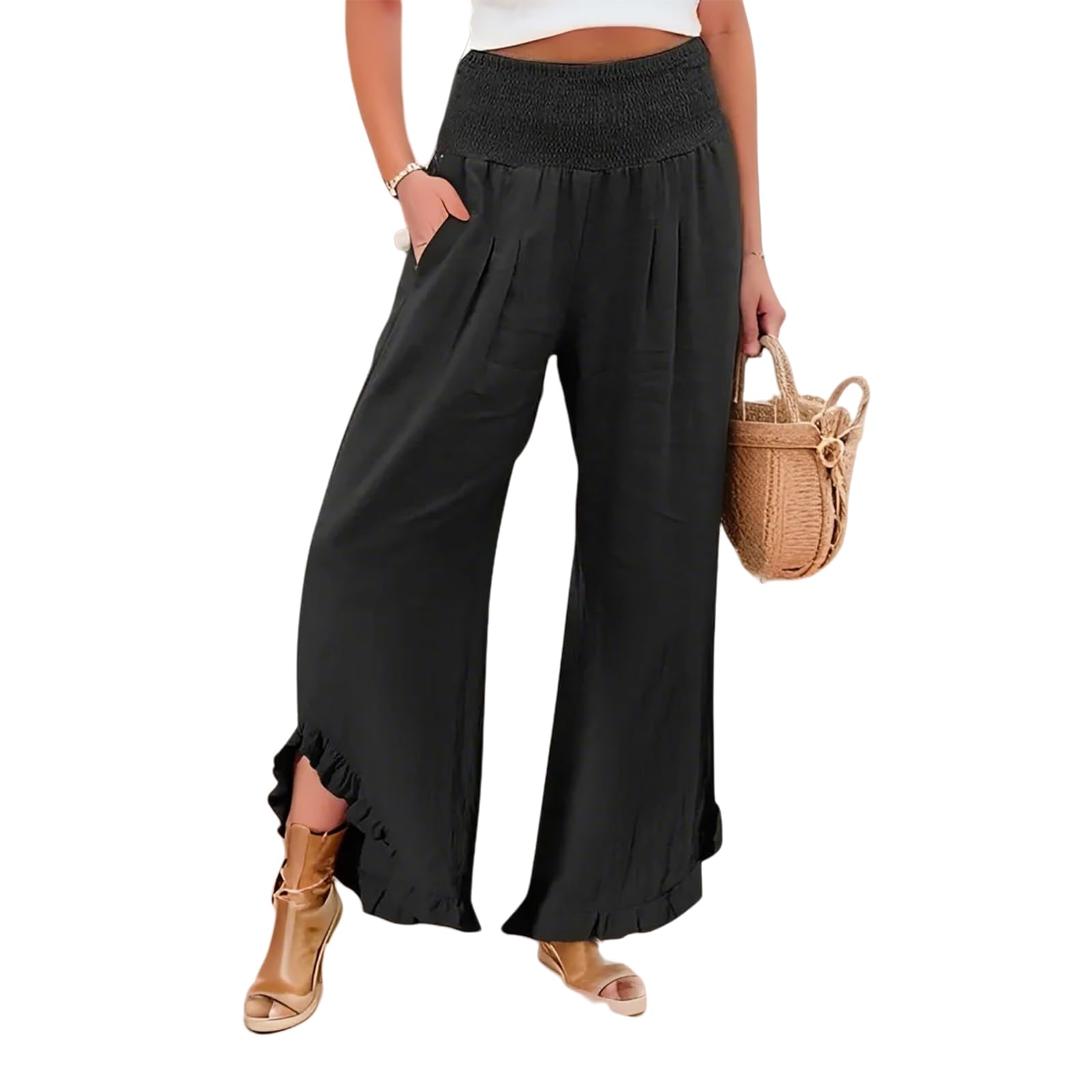 Cropped Pants for Women Baggy Elastic Waist Wide Leg Linen Pants Trendy High Waisted Split Comfy Trousers Pants with Pockets Vacation Tiered Harem Pants Bottoms Trending Womens Clothes
