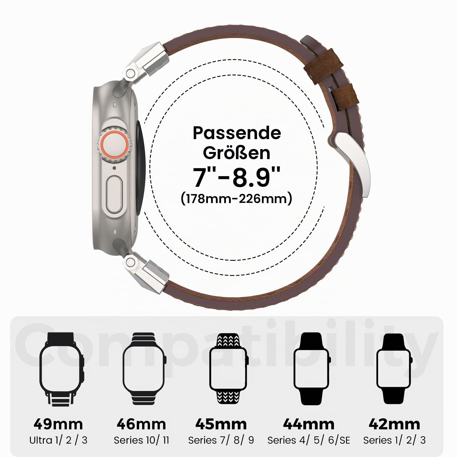 Lederarmband kompatibel für Apple Watch Ultra 3 Armband 49mm 46mm 45mm 44mm 42mm, Top Grain Echtes Leder Band mit Metallverbinder für iWatch Ultra 2/1 Series 11 10 9 8 7 6 5 4 3 SE