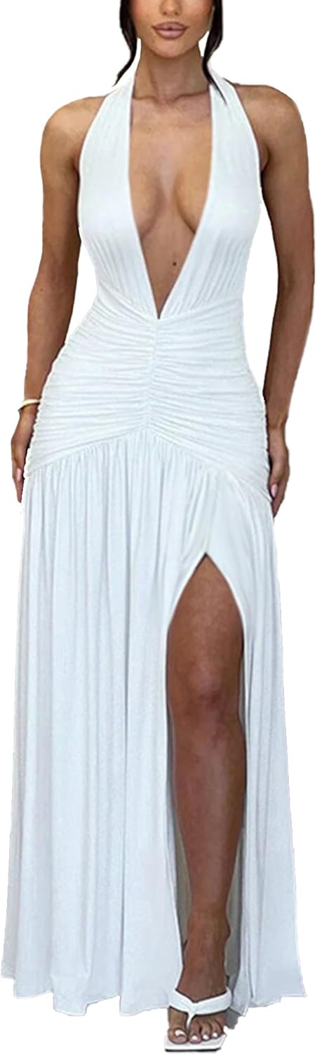 Ekaliy Women's Sexy Halter Deep V Neck Maxi Dress Sleeveless Backless High Slit Ruched Long Dress Summer Party Cocktail Dress